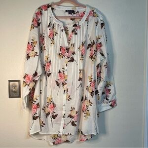 Roaman's Tunic Floral Pintuck 28W White Pink Cotton Roll Tab Sleeve Blouse